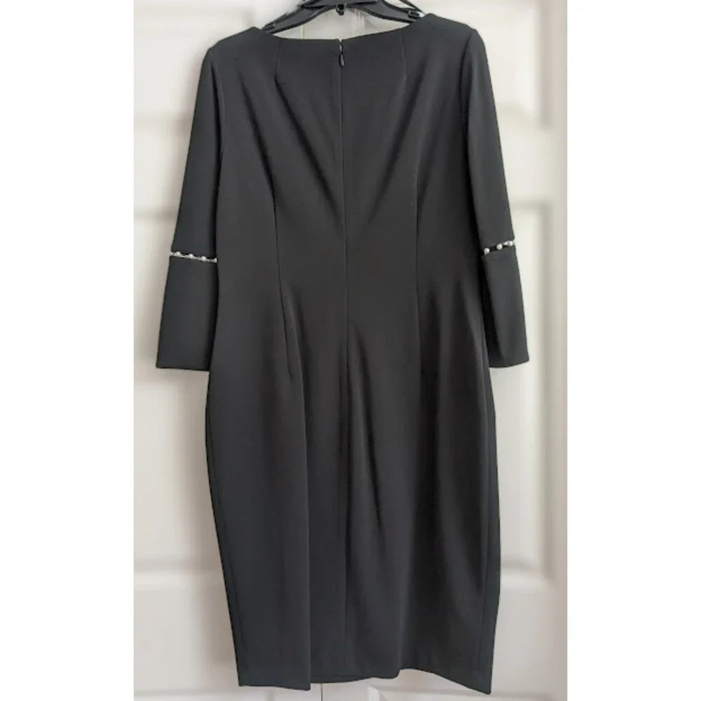 NWT Calvin Klein Imitation Pearl Trim Split Bell Sleeve Sheath Dress Size 12 - Picture 3 of 6